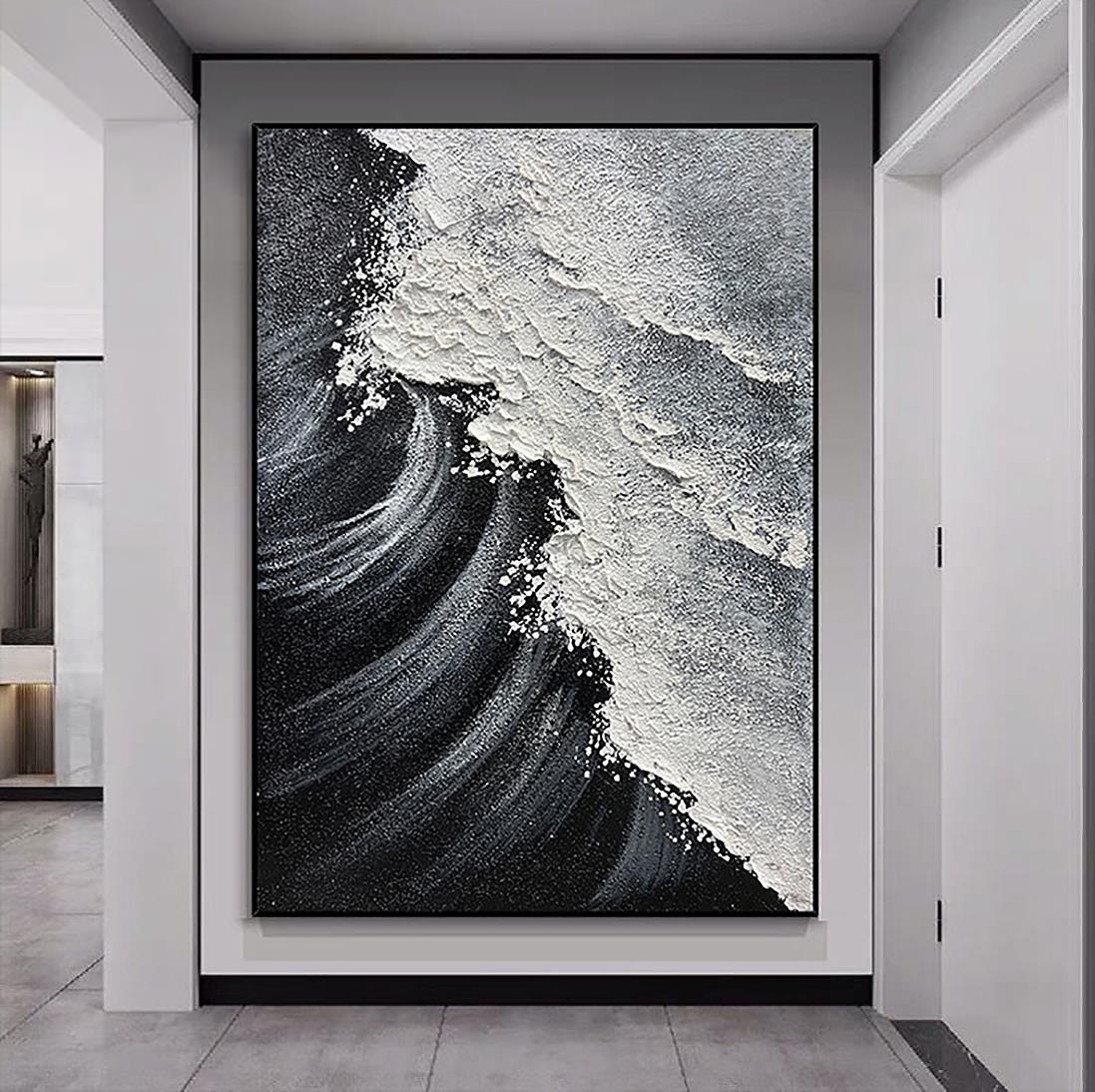 ブラック ホワイト ビーチ ウェーブ サンド 01 壁装飾油絵